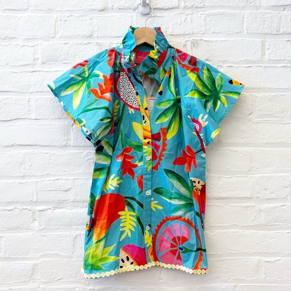 Marie by Victoria Dunn || Adelyn Blouse Poolside Ruffle Sleeve Fruit Blue XS NWT